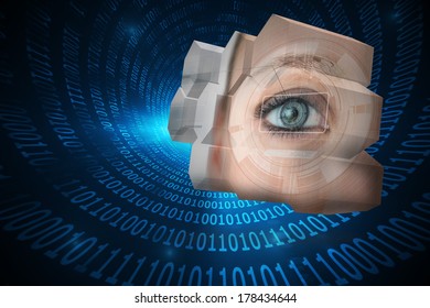 Eye interface on abstract screen against spiral of shiny binary code