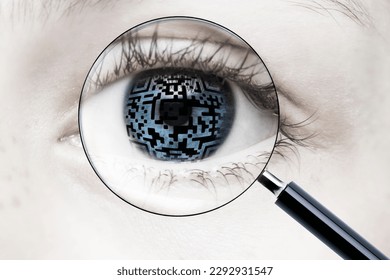 Eye isolated with digital QR code and magnifying glass