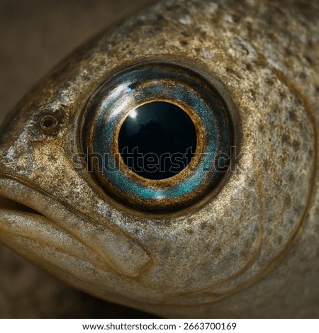 The fish’s eye is large, round, and glossy, with a deep black pupil at the center. Surrounding the pupil is a shimmering ring of iridescent colors—subtle blends of blue, green, gold, and bronze that s