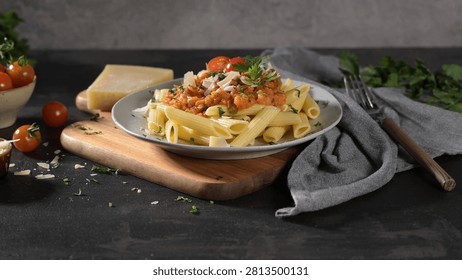 An eye level studio shot captures a plate of penne pasta topped with rich tomato sauce, shaved parmesan cheese, and fresh herbs Moody lighting highlights the textures against a dark background