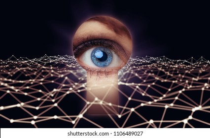 Eye Looking Thorough A Keyhole. Network Security Concept.