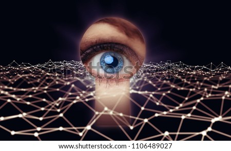 Eye looking thorough a keyhole. Network security concept.