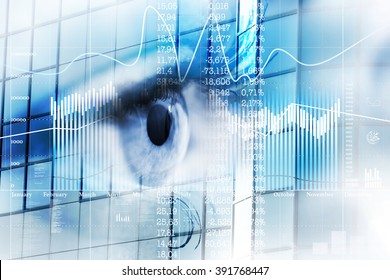 Eye Looks To The Future Business. Eye Women In Double Exposure With Charts And Diagrams Business.