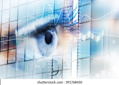 Eye Looks To The Future Business. Eye Women In Double Exposure With Charts And Diagrams Business.