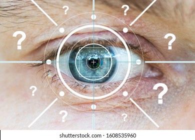 Eye Monitoring And Question Icon. Biometric Scan Of Male Eye Closeup.