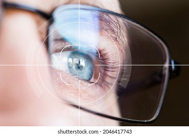 Eye Monitoring And Eye Scan . Biometric Iris Scan Of Male Eye Closeup.