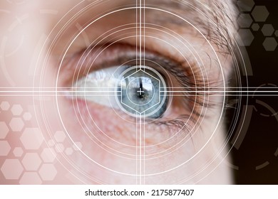 Eye Monitoring And Eye Scan. Biometric Iris Scan Of Male Eye Closeup.