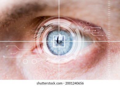 Eye Monitoring And Eye Scan . Biometric Scan Of Male Eye Closeup.