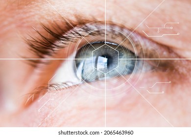 Eye Monitoring And Eye Scan. Biometric Scan Of Male Eye Close Up.