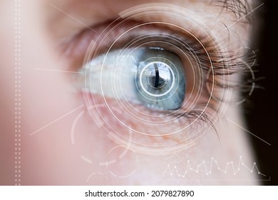 Eye Monitoring And Eye Scan . Biometric Scan Of Male Eyes Close Up.