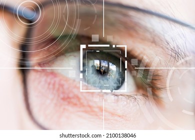 Eye Monitoring And Eye Scan. Biometric Scan Of Male Eyes Close Up.