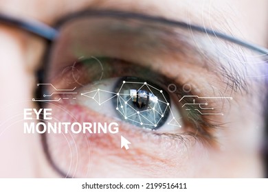 Eye Monitoring And Eye Scan . Biometric Scan Of Male Eyes Closeup.