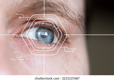 Eye Monitoring And Eye Scan. Biometric Scan Of Male Eyes Closeup.