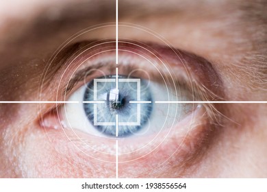 Eye Monitoring And Scanning. Biometric Scan Of Male Eye Close Up.