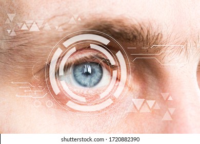 Eye Monitoring And Scanning Data. Biometric Scan Of Male Eye Closeup.