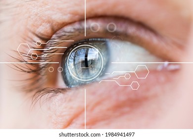 Eye monitoring and treatment healthcare. Biometric scan of male eye close up.