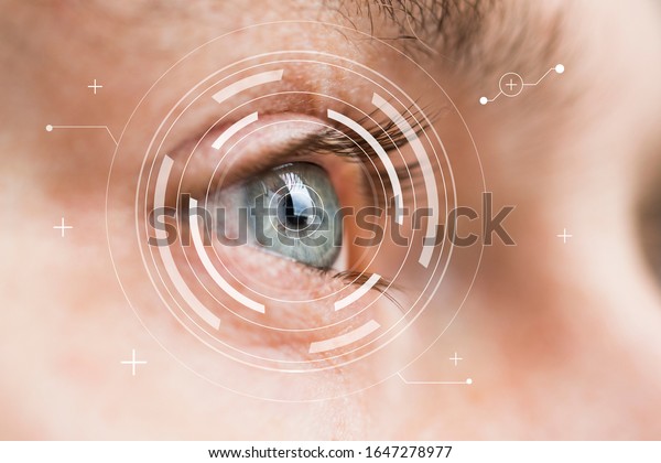 Eye monitoring and treatment in medical.
Biometric scan of male eye
closeup.