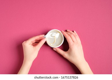 Eye Patches In Container, Top View. Female Hands Holding Jar With Under Eye Gel Pads. Collagen Eye Patches For Moisturizing, Under Eye Bags Treatment Concept.