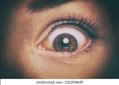 Eye Peeking Through Peep Hole Watching Something Scary. Scared Woman With Look Of Horror In Her Eyes Looking Peeping From A Dark Room At Night.