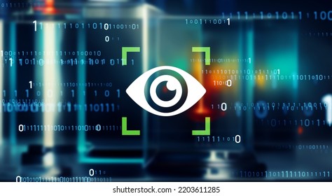 Eye Recognition Concept. Biometric Authentication. Cyber Security. Surveillance Camera. Wide Angle Visual For Banners Or  Advertisements.