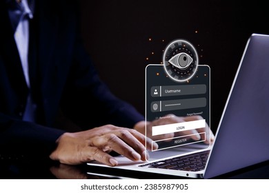 Eye Scan with virtual screen interface to enter Internet Network.  Hi tech biometric security eye scan. futuristic Virtual Reality screen. Cyber security to protect Information on Internet Network.