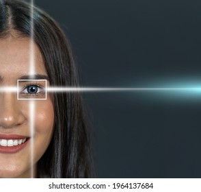 Eye Scanning Of Asian Young Woman By Laser Light Over The Dark Background, Vision And Identification Concept