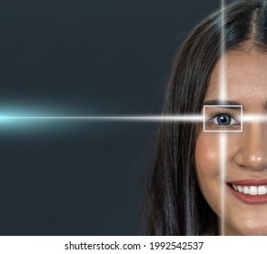 Eye Scanning Of Asian Young Woman By Laser Light Over The Dark Background, Vision And Identification Concept