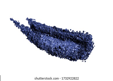 Eye Shadow Swatch Smear Smudge Isolated On White Background. Blue Purple Glitter Shimmer Makeup Powder Texture. Crushed Eyeshadow Stroke. Dark Color Beauty Product Sample