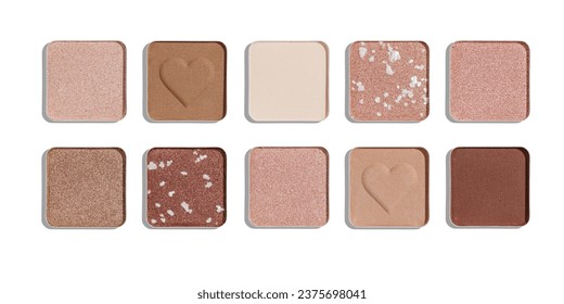 Eye shadows beige color swatches isolated on white background, different shiny and matte eyeshadow, trend geometric pattern, aesthetic beauty products, neutral color powder for makeup, top view