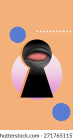Eye with a spiral pattern visible through a keyhole. Geometric shapes such as circles and squares are arranged against a solid background. Collage art. Concept of Hypnotic