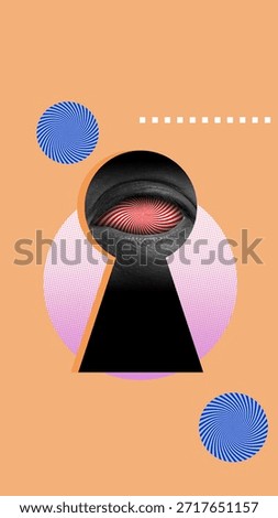 Eye with a spiral pattern visible through a keyhole. Geometric shapes such as circles and squares are arranged against a solid background. Collage art. Concept of Hypnotic