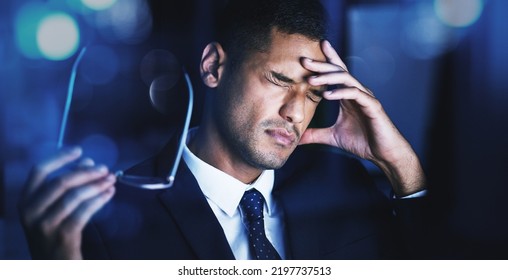 Eye Strain, Headache And Office Night Stress Of A Business Man Working On A Tax Audit. Financial Fintech Business Man With Anxiety Tired About Finance Accounting, Job Report And Finance Career