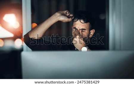 Eye strain, night and work at computer with business man and headache from deadline stress. Anxiety, burnout employee and brain fog from digital working for project and finance research in office