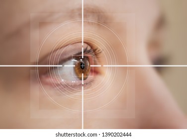 Eye Surgery Concept, Close Up Of Female Amber Eye With Digital Augmentation