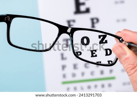The eye test chart is seen through the glasses. Areas outside the glasses are blurred