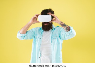 Eye Tracking. Testing Software. Bearded Man Yellow Background Vr Glasses. Digital Future And Innovation. Developing Technologies. Large Selection Of Compatible Apps. Vr Concept. Buy Vr Device.