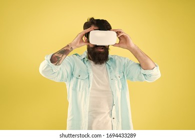 Eye Tracking. Testing Software. Bearded Man Yellow Background Vr Glasses. Digital Future And Innovation. Developing Technologies. Large Selection Of Compatible Apps. Vr Concept. Buy Vr Device.