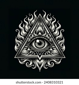 eye in a triangle on fire tattoo design black and grey