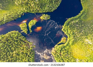 Bird’s Eye View Of Koshmariki (Nightmare) Rapid On Tuntsayoky River On Sunny Summer Day. Murmansk Oblast, Russia.