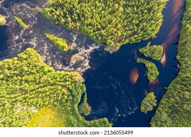 Bird’s Eye View Of Koshmariki Rapid On Tuntsayoky River On Sunny Summer Day. Murmansk Oblast, Russia.