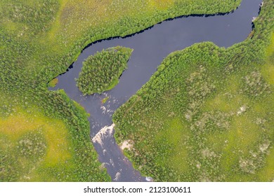 Bird’s Eye View Of Krivoy Rapid On Tuntsayoky River On Cloudy Summer Day. Murmansk Oblast, Russia.