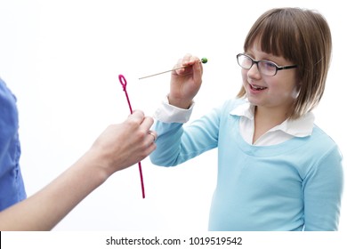 Eye Vision Therapy. Young Girl At Optometrist Clinic