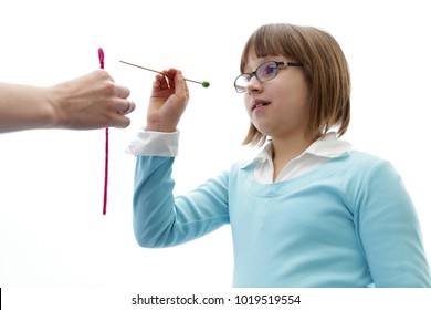 Eye Vision Therapy. Young Girl At Optometrist Clinic