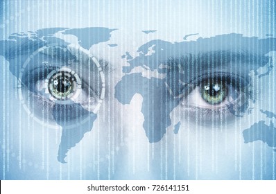 eye of young women with technology and earth map