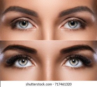 Eyebrow Microblading And Eyelash Extension. Difference Between Female Eyes After Makeup.