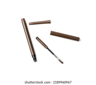 Eyebrow Pencil Isolated. Cosmetic Pencil, Brown Eyeliner, Crayon Pen With Brush, Mockup Eyebrow Pencil On White Background