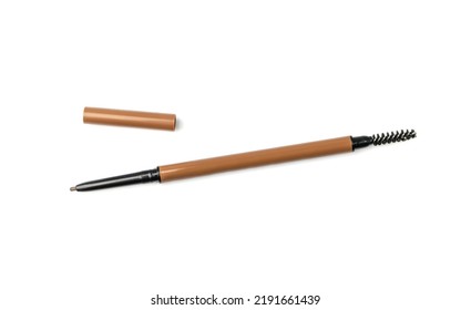 Eyebrow Pencil Isolated. Cosmetic Pencil, Brown Eyeliner, Crayon Pen With Brush, Mockup Eyebrow Pencil On White Background