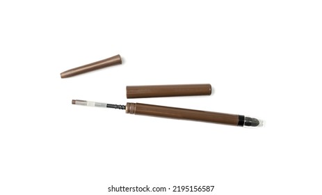 Eyebrow Pencil Isolated. Cosmetic Pencil, Brown Eyeliner, Crayon Pen With Brush, Mockup Eyebrow Pencil On White Background