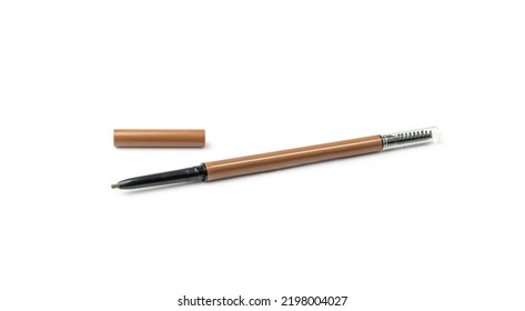 Eyebrow Pencil Isolated. Cosmetic Pencil, Brown Eyeliner, Crayon Pen With Brush, Mockup Eyebrow Pencil On White Background