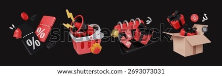 An eye-catching 3D render illustrating Black Friday marketing promotions filled with exciting deals and engaging visuals.